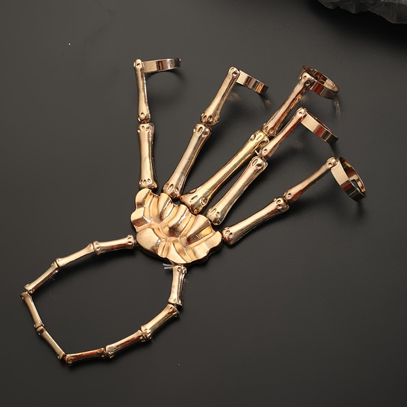 Punk Skull Hand Bone Five Finger Ring Bracelet Chain
